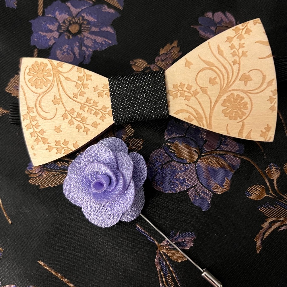 Elegant Wooden Bow Tie with Purple Floral Pin